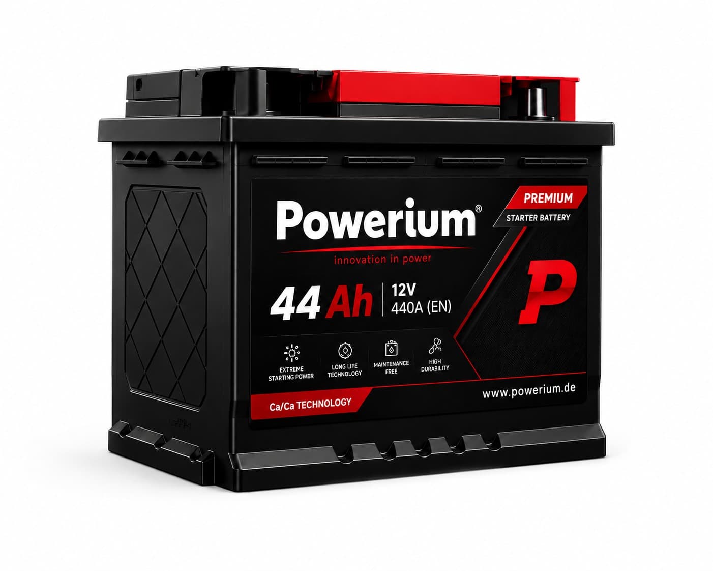 Powerium 44Ah 12V Premium Starterbatterie – 440A EN, Ca/Ca Technologie, wartungsfrei