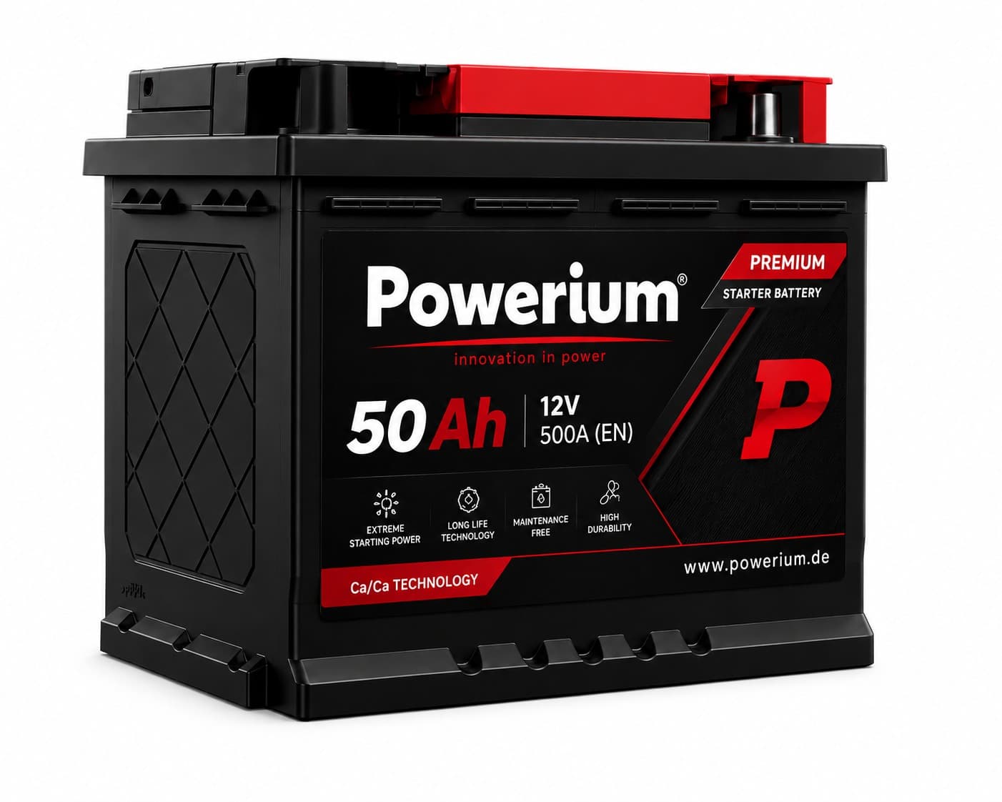 Powerium 50Ah 12V Premium Starterbatterie – Ca/Ca Technologie, wartungsfrei