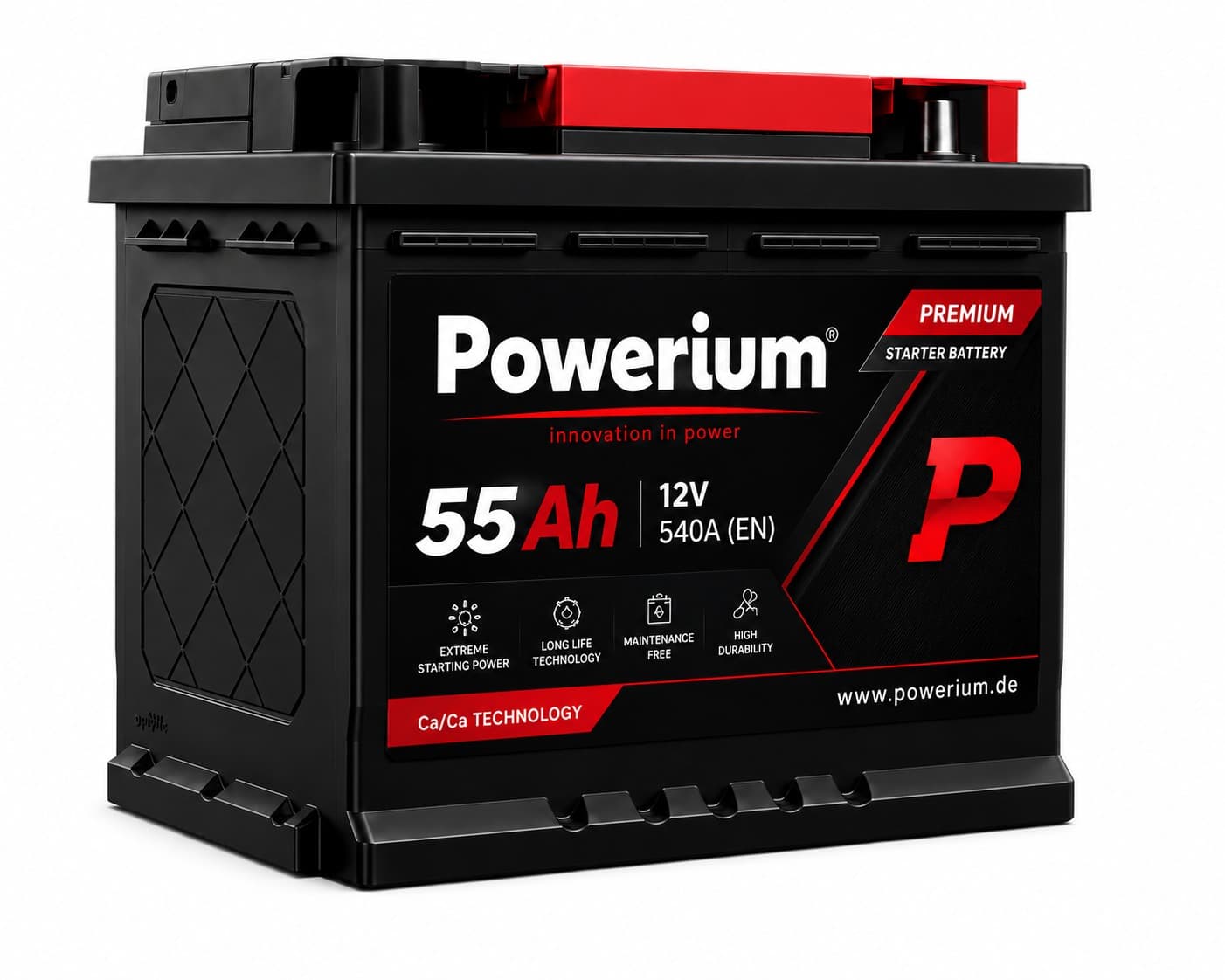 Powerium 55Ah 12V Premium Starterbatterie – Ca/Ca Technologie, wartungsfrei