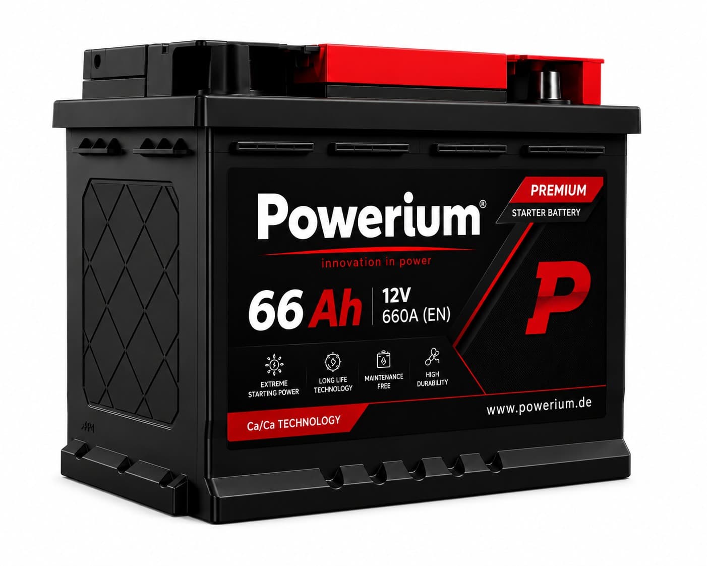 Powerium 66Ah 12V Premium Starterbatterie – Ca/Ca Technologie, wartungsfrei