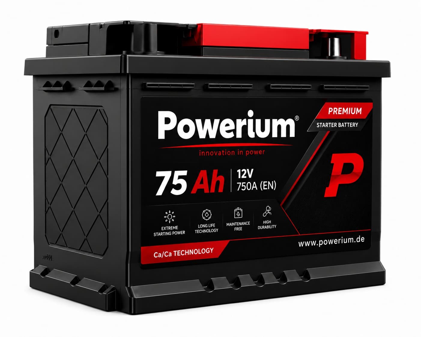 Powerium 75Ah 12V Premium Starterbatterie – Ca/Ca Technologie, wartungsfrei