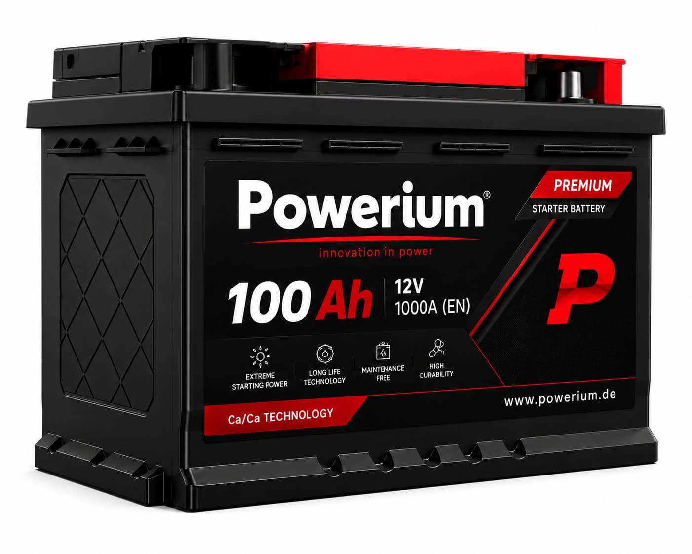 Powerium 100Ah 12V Premium Starterbatterie – Ca/Ca Technologie, wartungsfrei