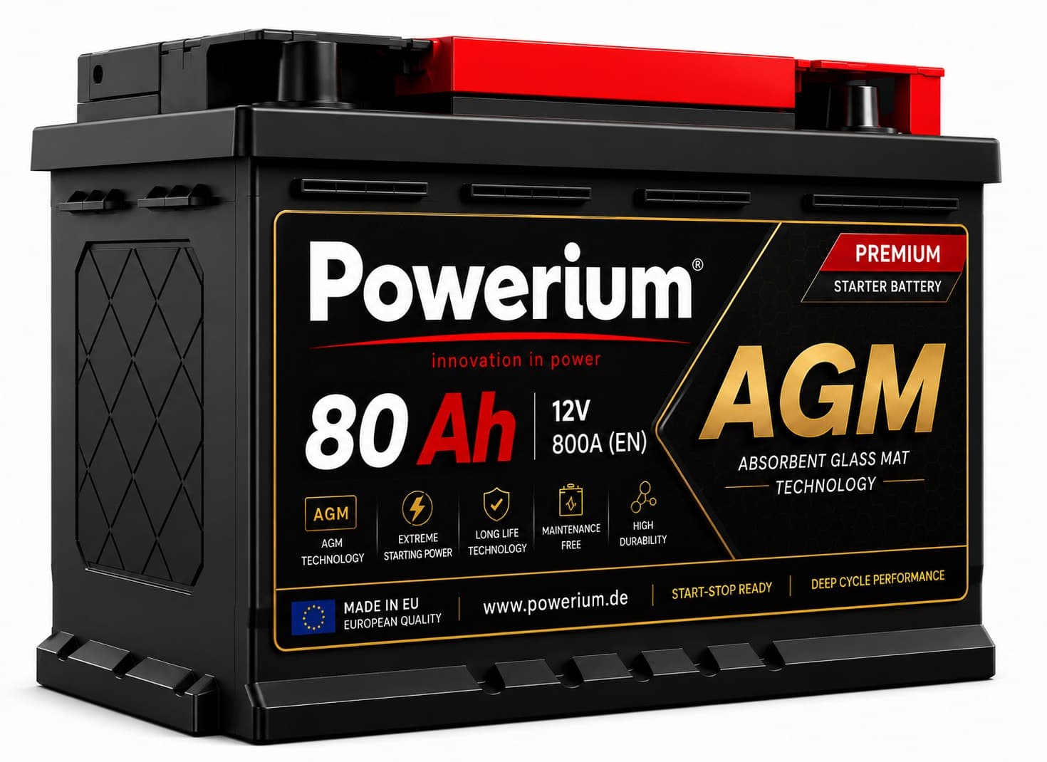 Powerium 80Ah AGM 12V Premium Starterbatterie – Start-Stopp, wartungsfrei