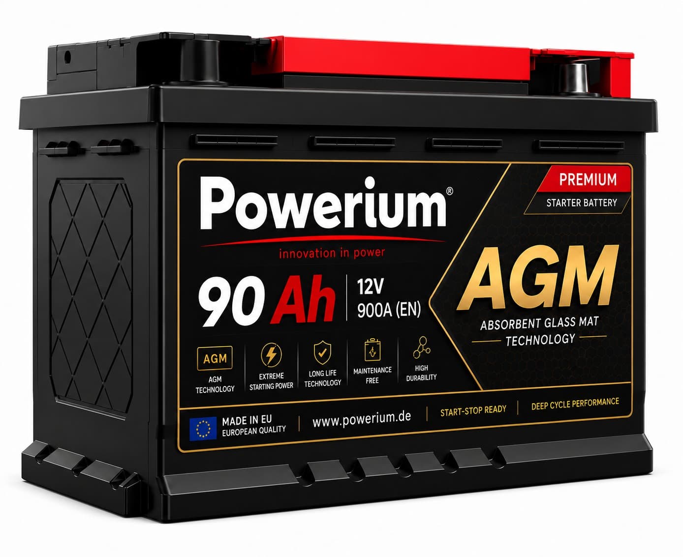Powerium 90Ah AGM 12V Premium Starterbatterie – Start-Stopp, wartungsfrei