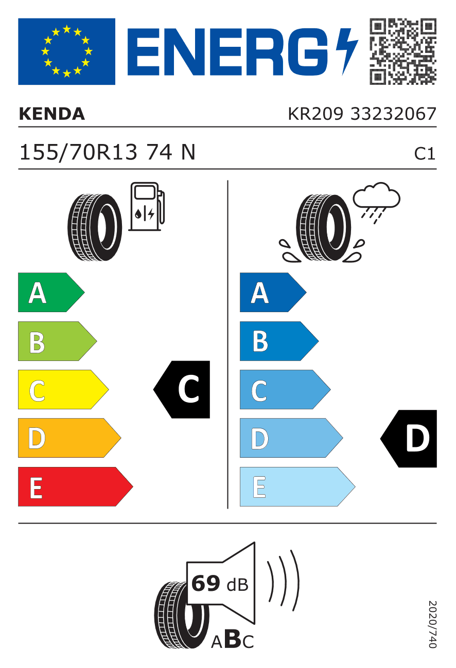 EU-Reifenlabel für 155/70R13 74 N Kenda KR209 Kargotrail 3G Anhänger