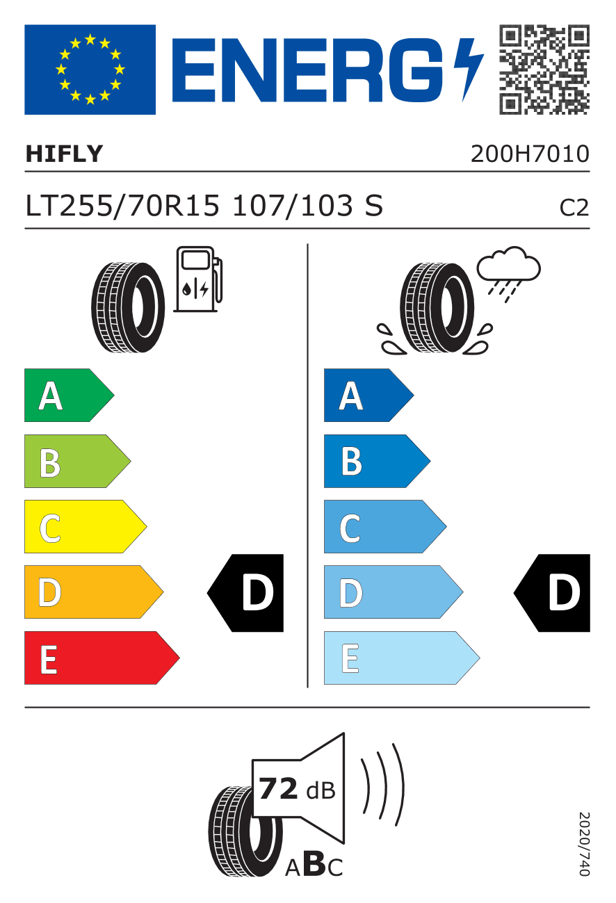 EU-Reifenlabel für 255/70R15 107 S Hifly AT 601