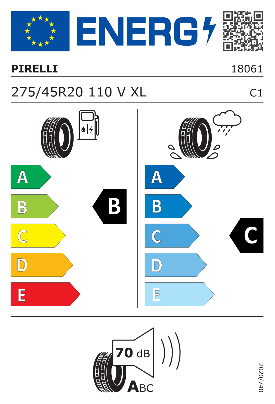 EU-Reifenlabel für 275/45R20 110 V Pirelli Scorpion Verde All Season (N0) XL DOT21