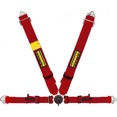 Schroth PROFI II asm Flexi Belt rot mit schwarz/gelbem SCHROTH RACING Logo links