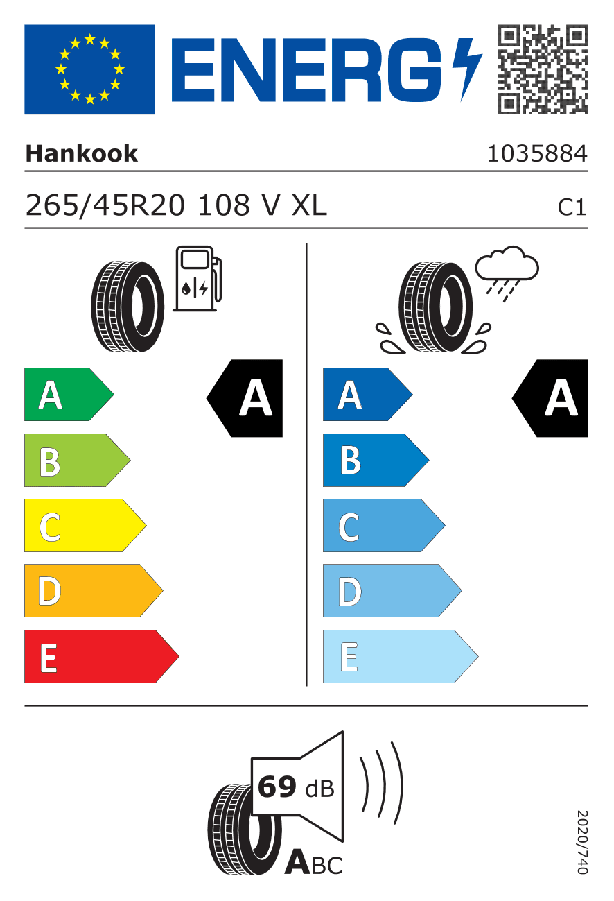 EU-Reifenlabel für 265/45R20 108 V Hankook iON evo SUV (IK01A) XL (+)