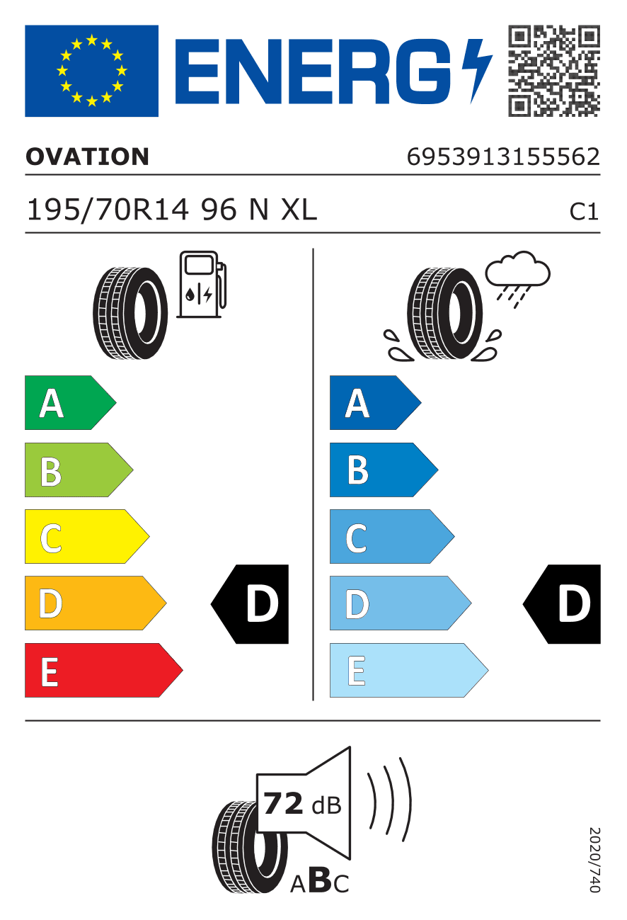EU-Reifenlabel für 195/70R14 96 N Ovation VI 289 XL