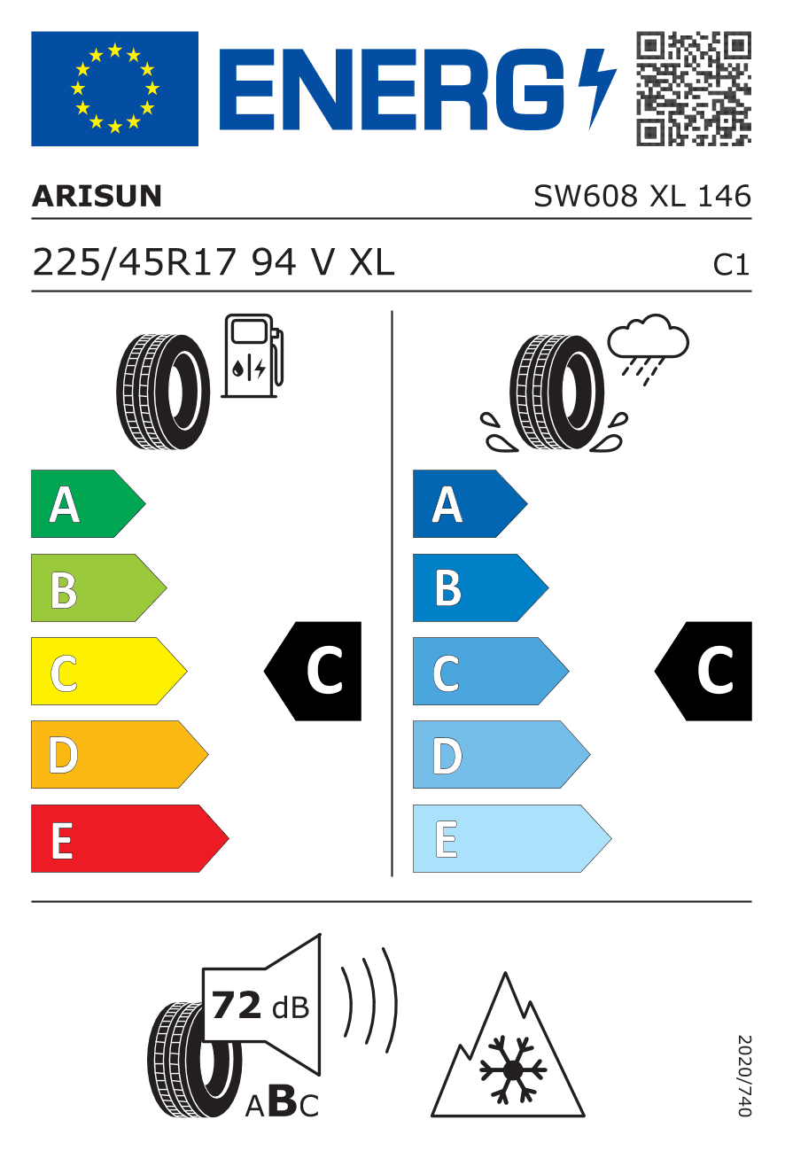 EU-Reifenlabel für 225/45R17 94 V Arisun SW608 XL 3PMSF