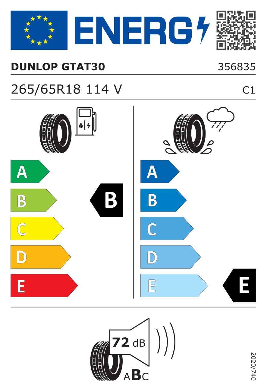 EU-Reifenlabel für 265/65R18 114 V Dunlop Grandtrek AT 30