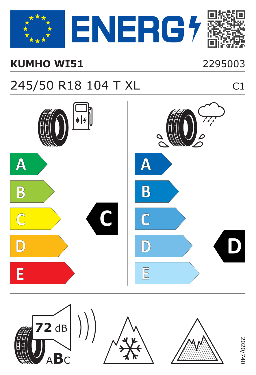 EU-Reifenlabel für 245/50R18 104 T Kumho WinterCraft Ice WI51 XL 3PMSF