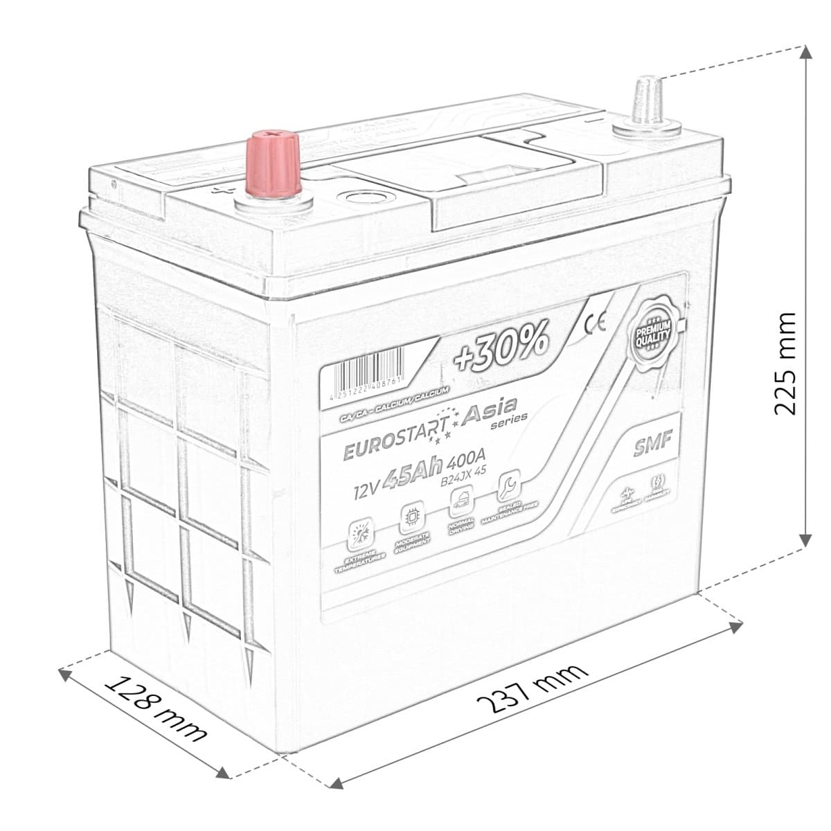 Eurostart Asia 12V 45Ah 400 A Dünnpol +Links Autobatterie