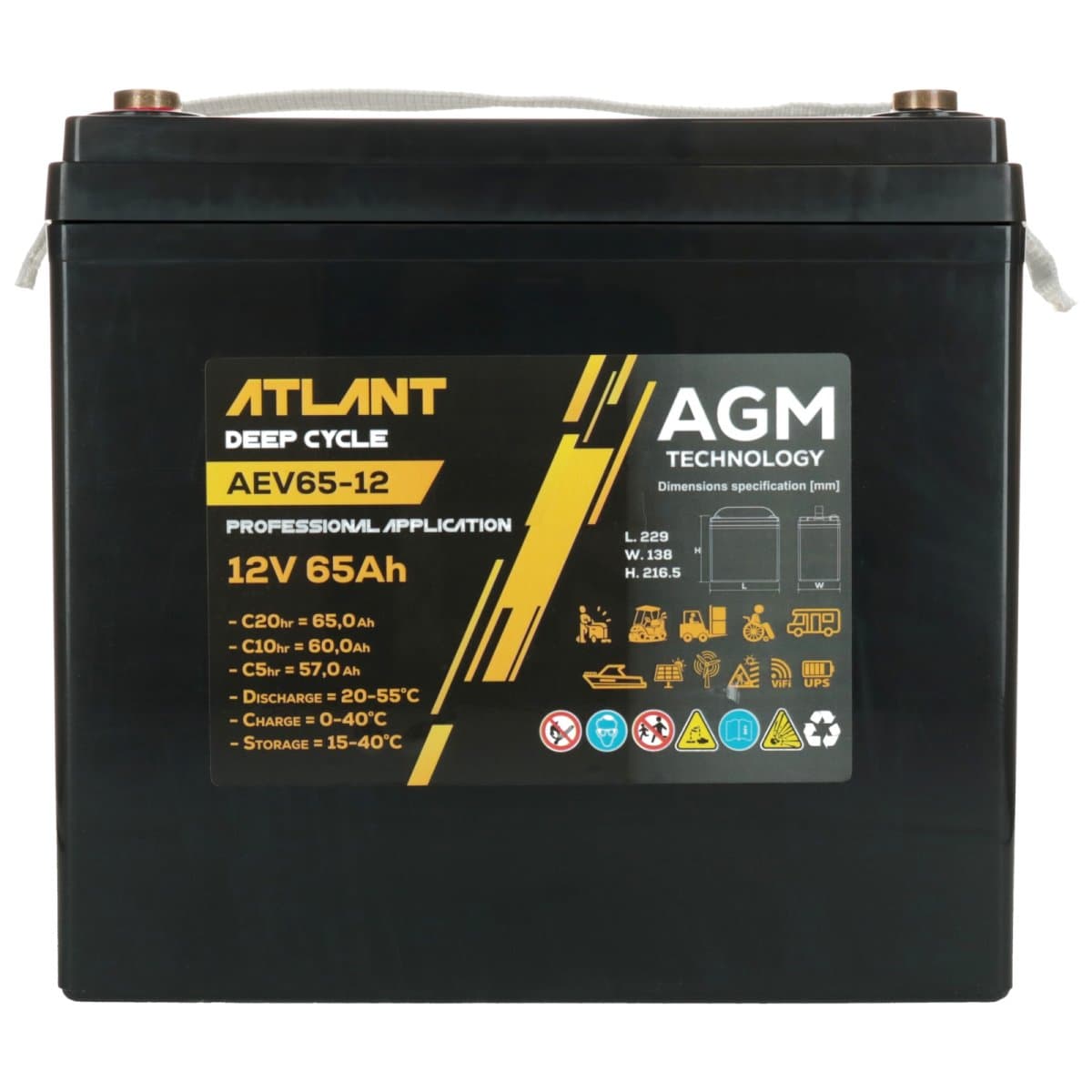 Atlant Deep Cycle 12V 65Ah AGM Bleiakku AEV65-12 Industriebatterie