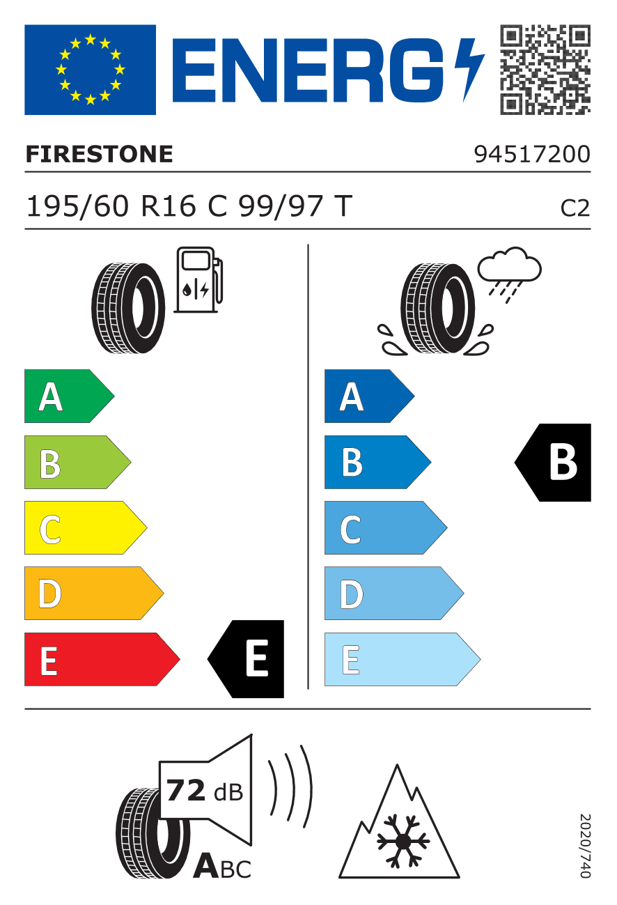 EU-Reifenlabel für 195/60R16 99/97 T Firestone Vanhawk 2 Winter 3PMSF DOT21