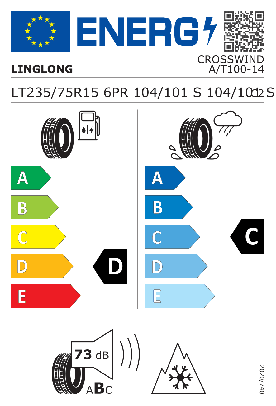 EU-Reifenlabel für 235/75R15 104/101 S Linglong Crosswind A/T 100 6PR 3PMSF FP