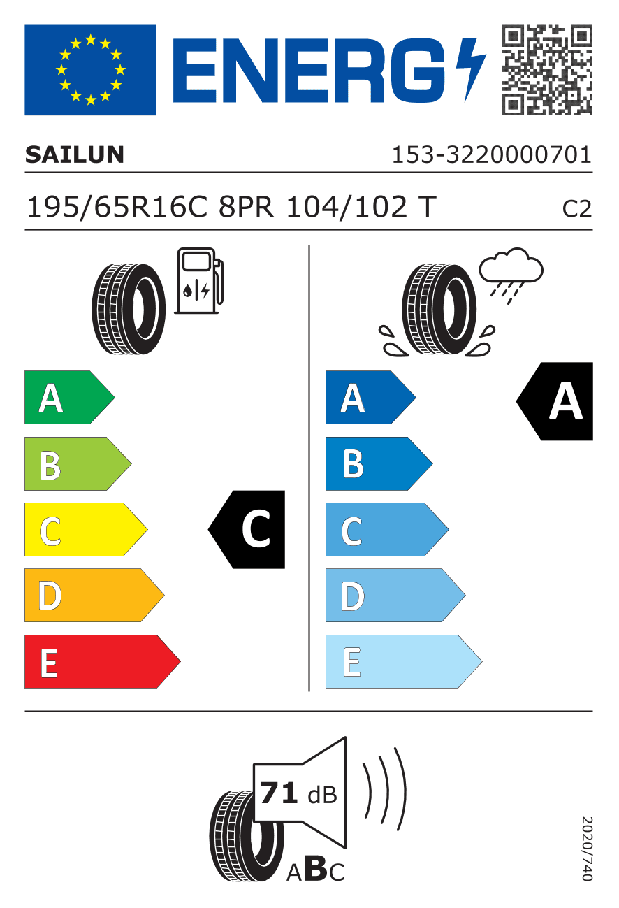 EU-Reifenlabel für 195/65R16 104/102 T Sailun Commercio VX1 DOT21 8PR BSW
