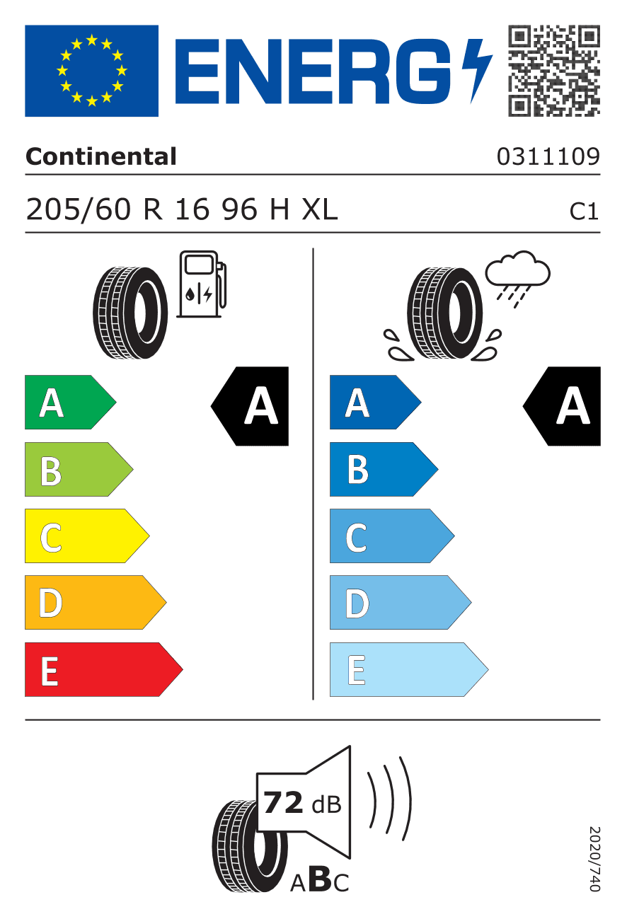 EU-Reifenlabel für 205/60R16 96 H Continental Ecocontact 6 XL