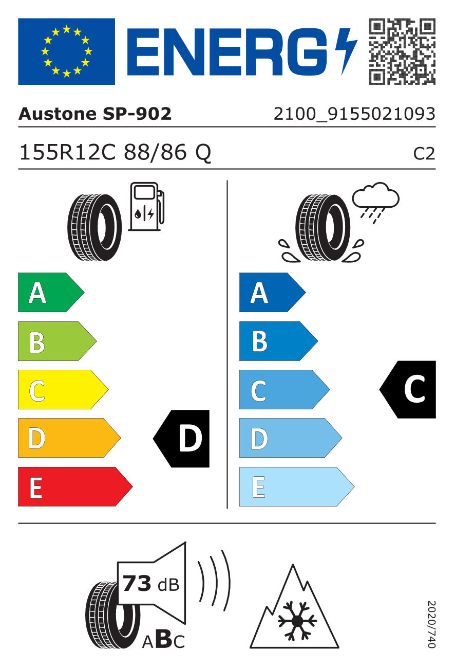 EU-Reifenlabel für 155/80R12 88/86 Q Austone SP 902 3PMSF DOT21