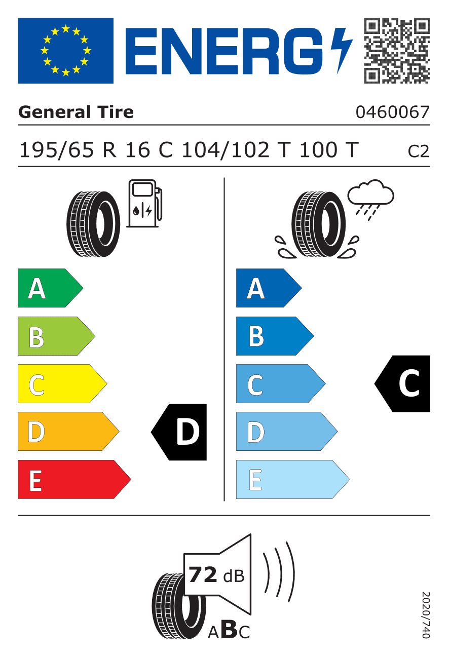 EU-Reifenlabel für 195/65R16 104/102 T General Tire Eurovan 2 DOT19