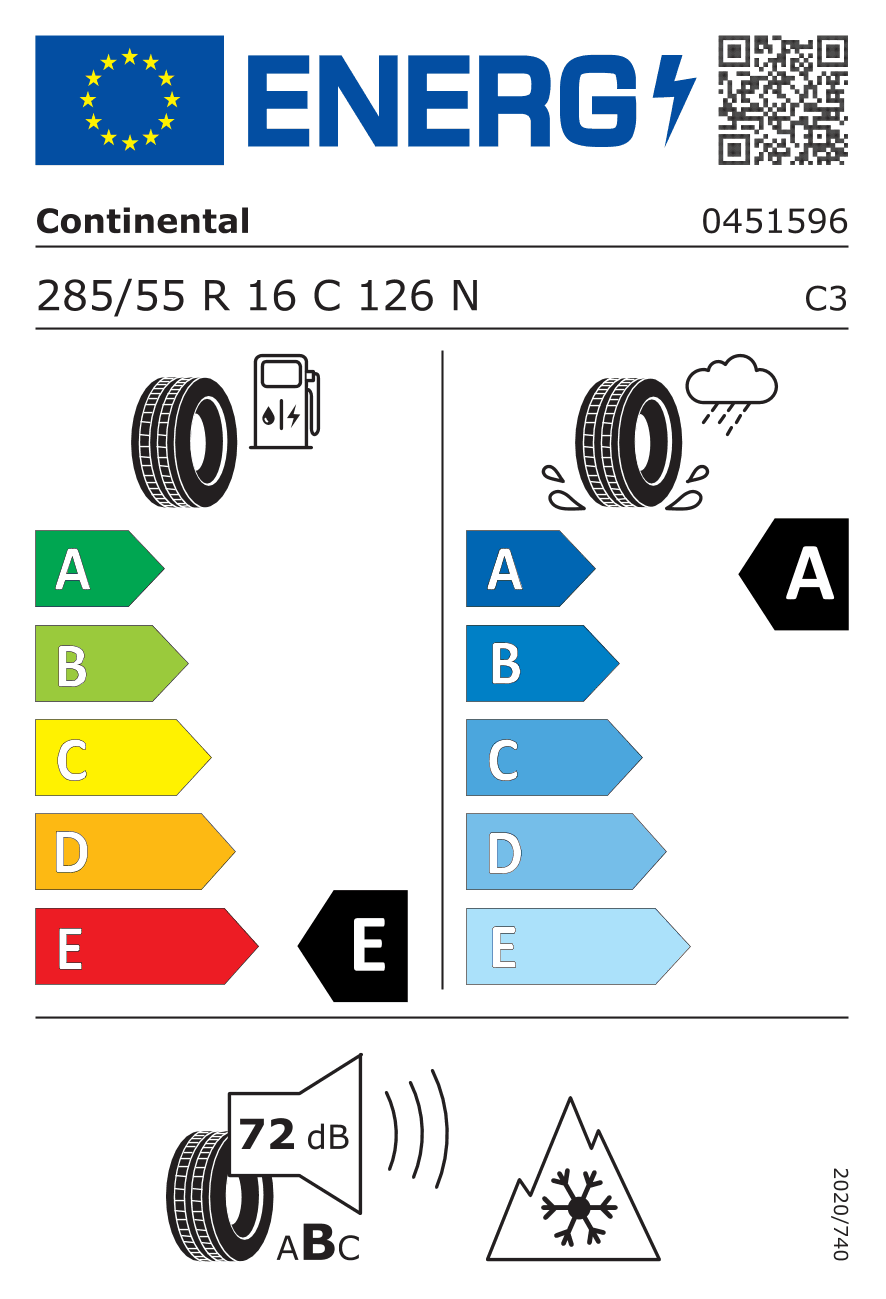 EU-Reifenlabel für 285/55R16 126 N Continental VanContact A/S 3PMSF