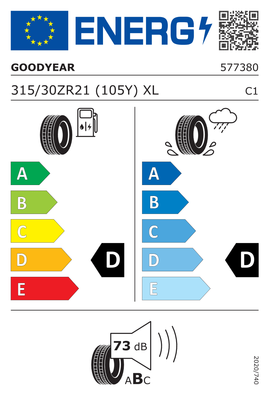 EU-Reifenlabel für 315/30R21 105 Y Goodyear Eagle F1 Supersport R N0 FP XL DOT23