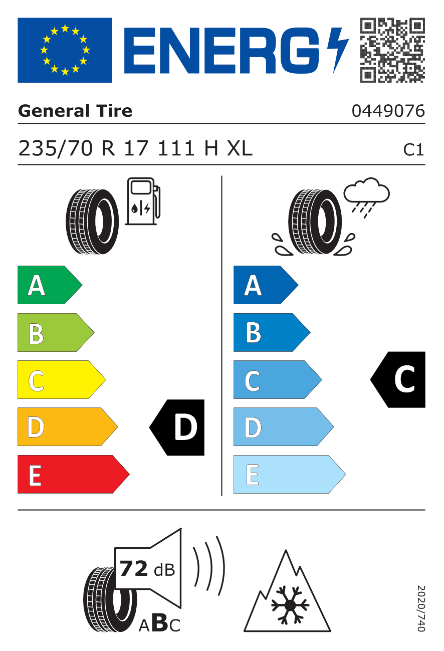 EU-Reifenlabel für 235/70R17 111 H General Tire Grabber AT3 FR XL M+S 3PMSF