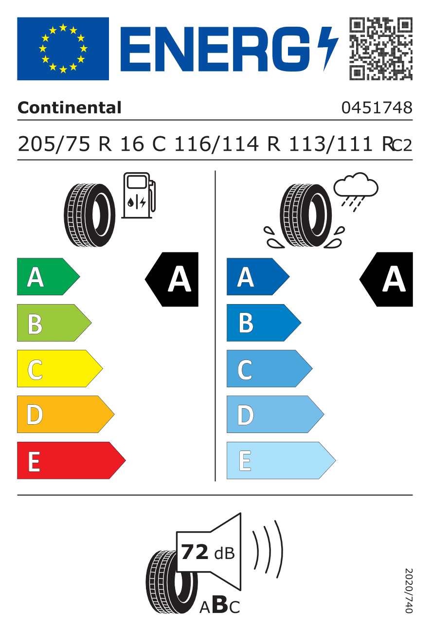 EU-Reifenlabel für 205/75R16 116/114 R Continental VanContact ECO