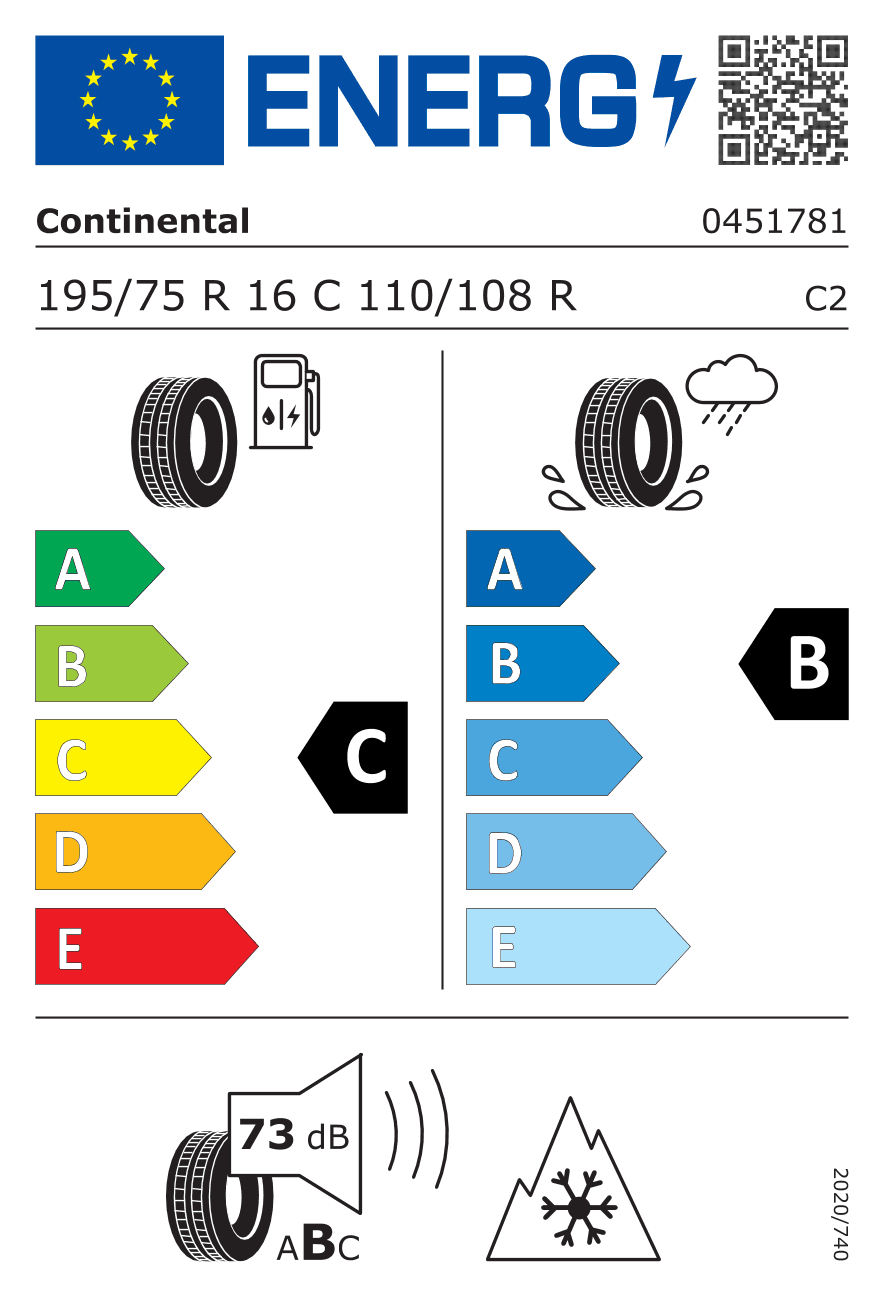 EU-Reifenlabel für 195/75R16 110/108 R Continental VanContact A/S ULTRA M+S 3PMSF
