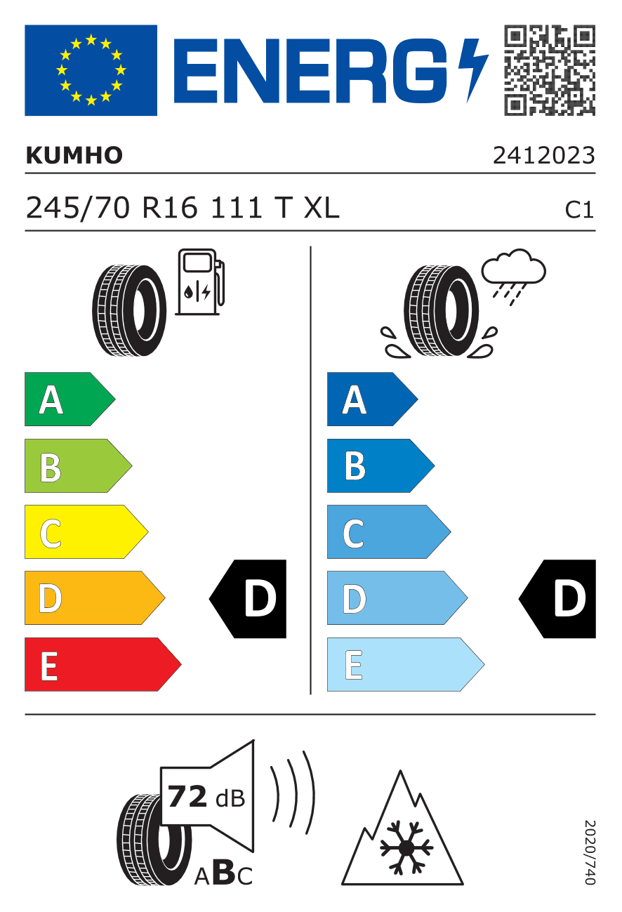 EU-Reifenlabel für 245/70R16 111 T Kumho Road Venture AT52 XL 3PMSF