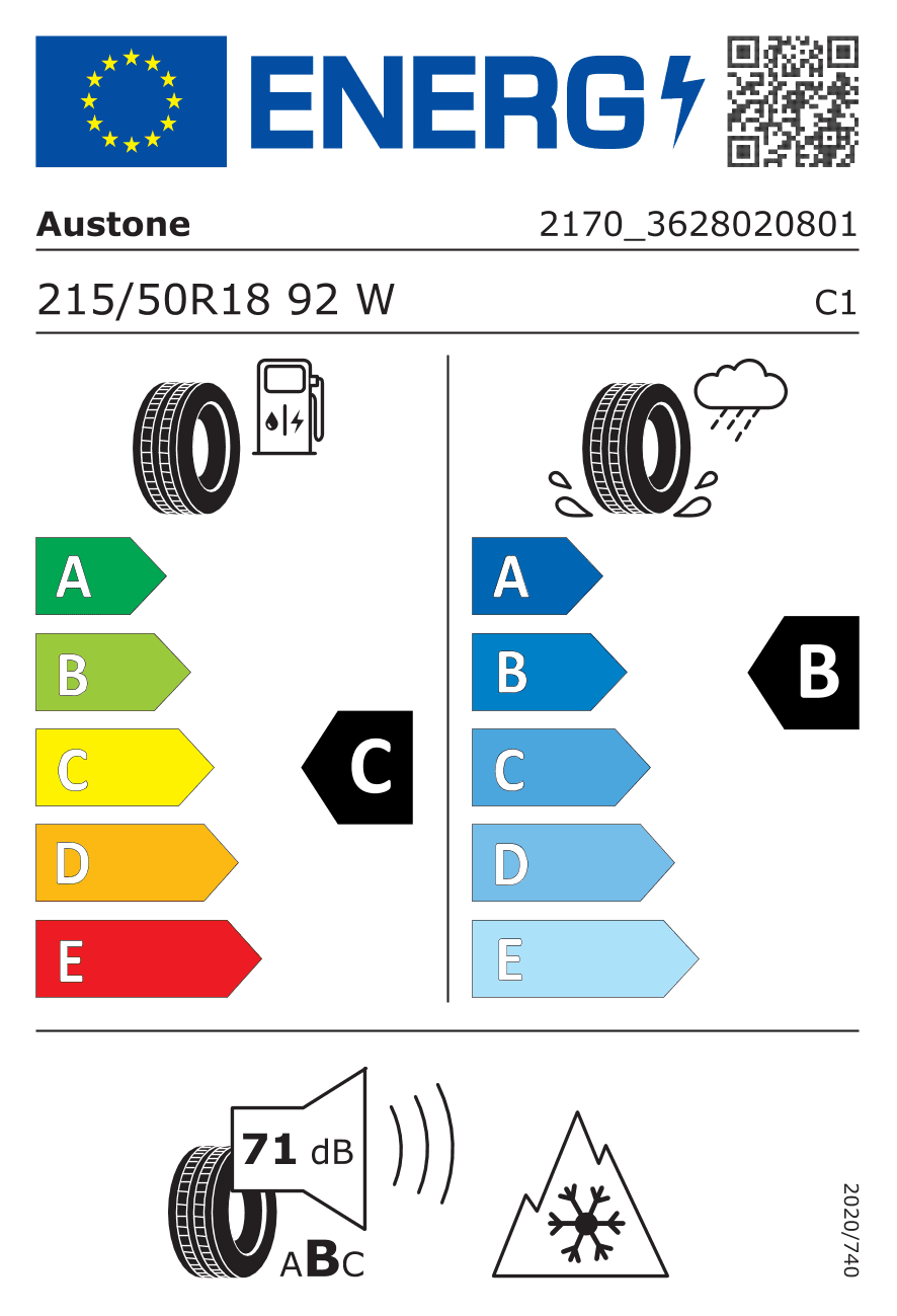 EU-Reifenlabel für 215/50R18 92 W Austone SP 401 3PMSF