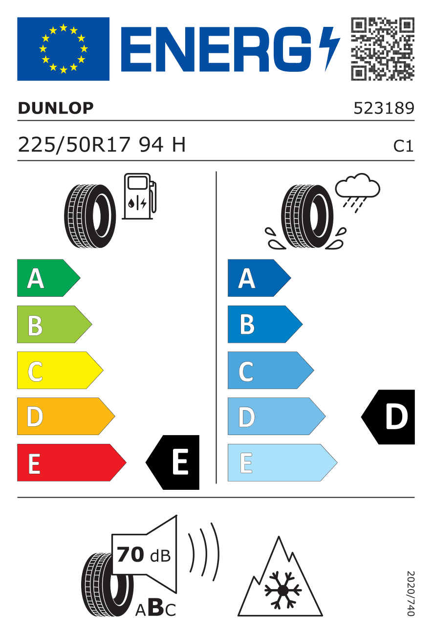 EU-Reifenlabel für 225/50R17 94 H Dunlop SP Winter Sport 3D MFS AO 3PMSF