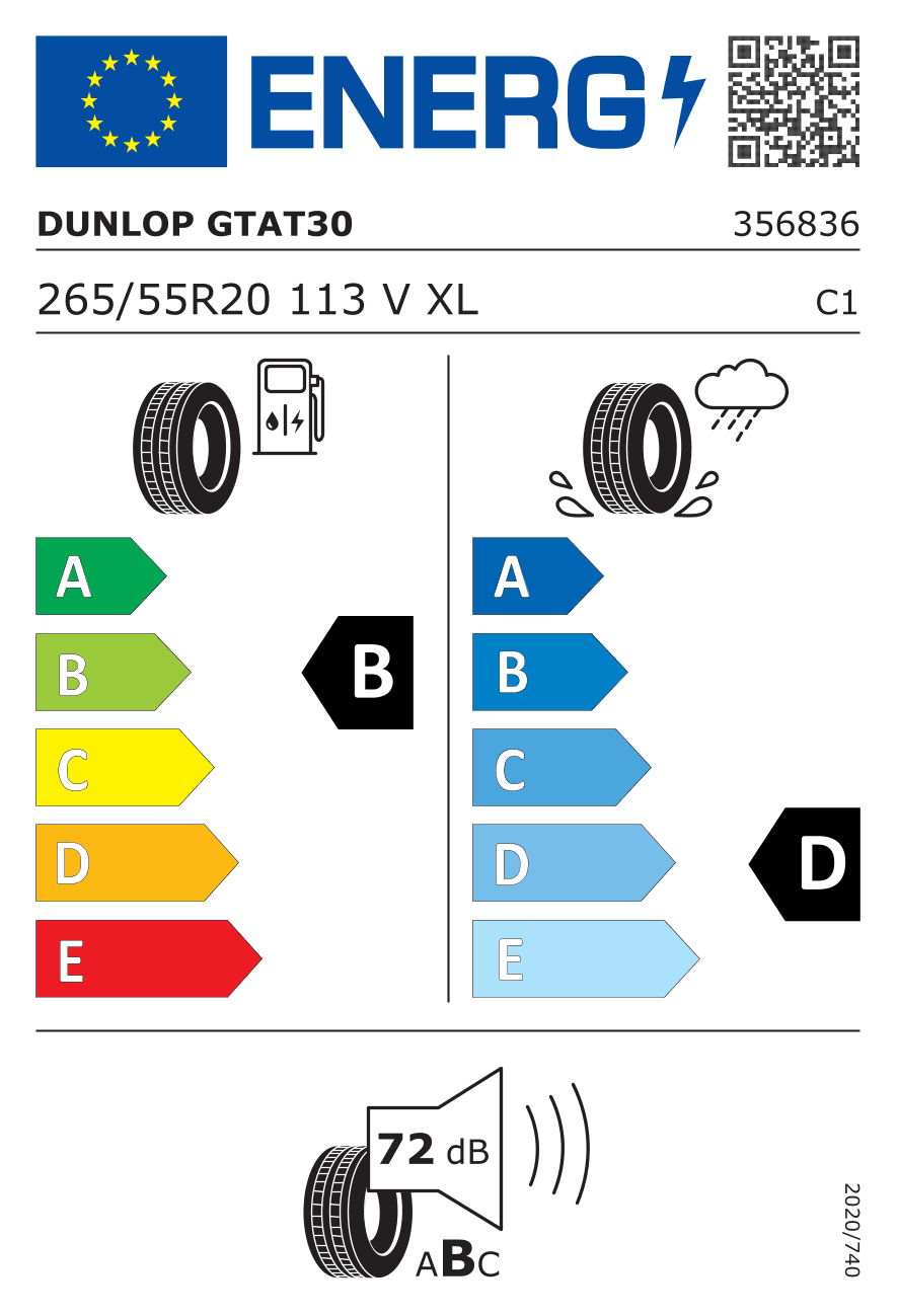 EU-Reifenlabel für 265/55R20 113 V Dunlop Grandtrek AT 30 XL