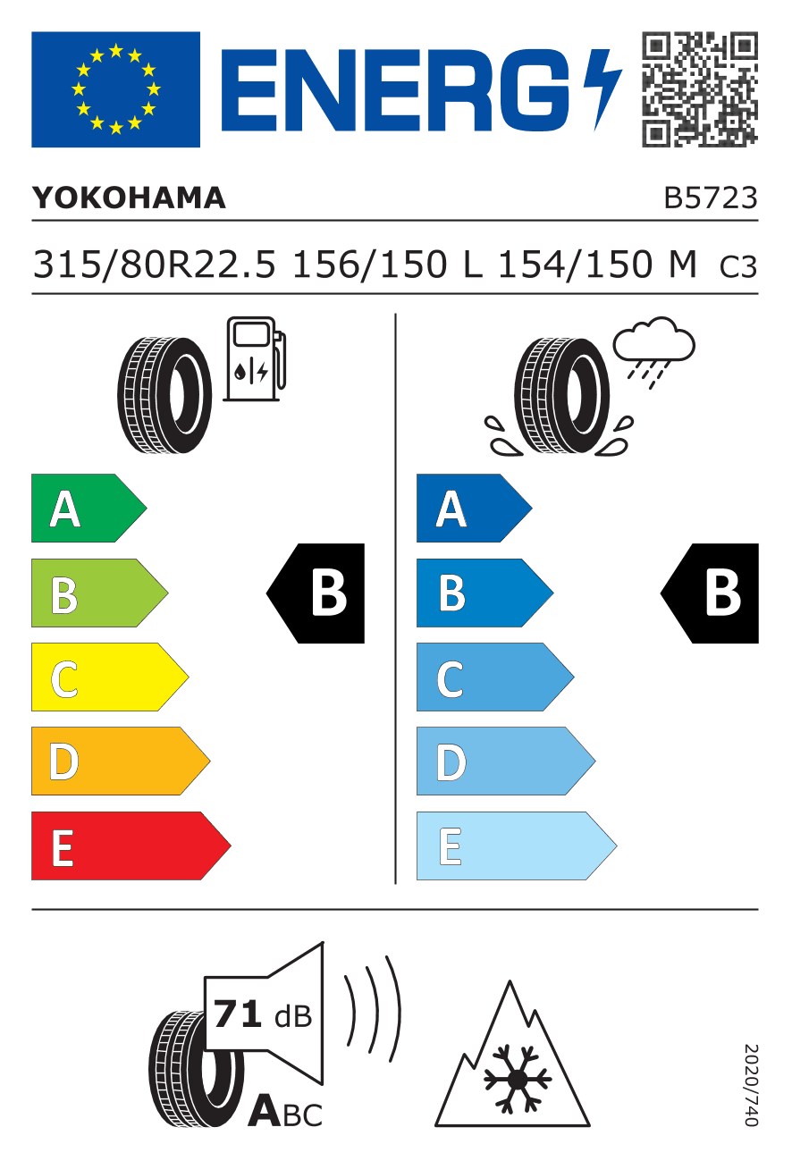 EU-Reifenlabel für 315/80R22.5 156/150 L Yokohama Bluearth 721D 3PMSF