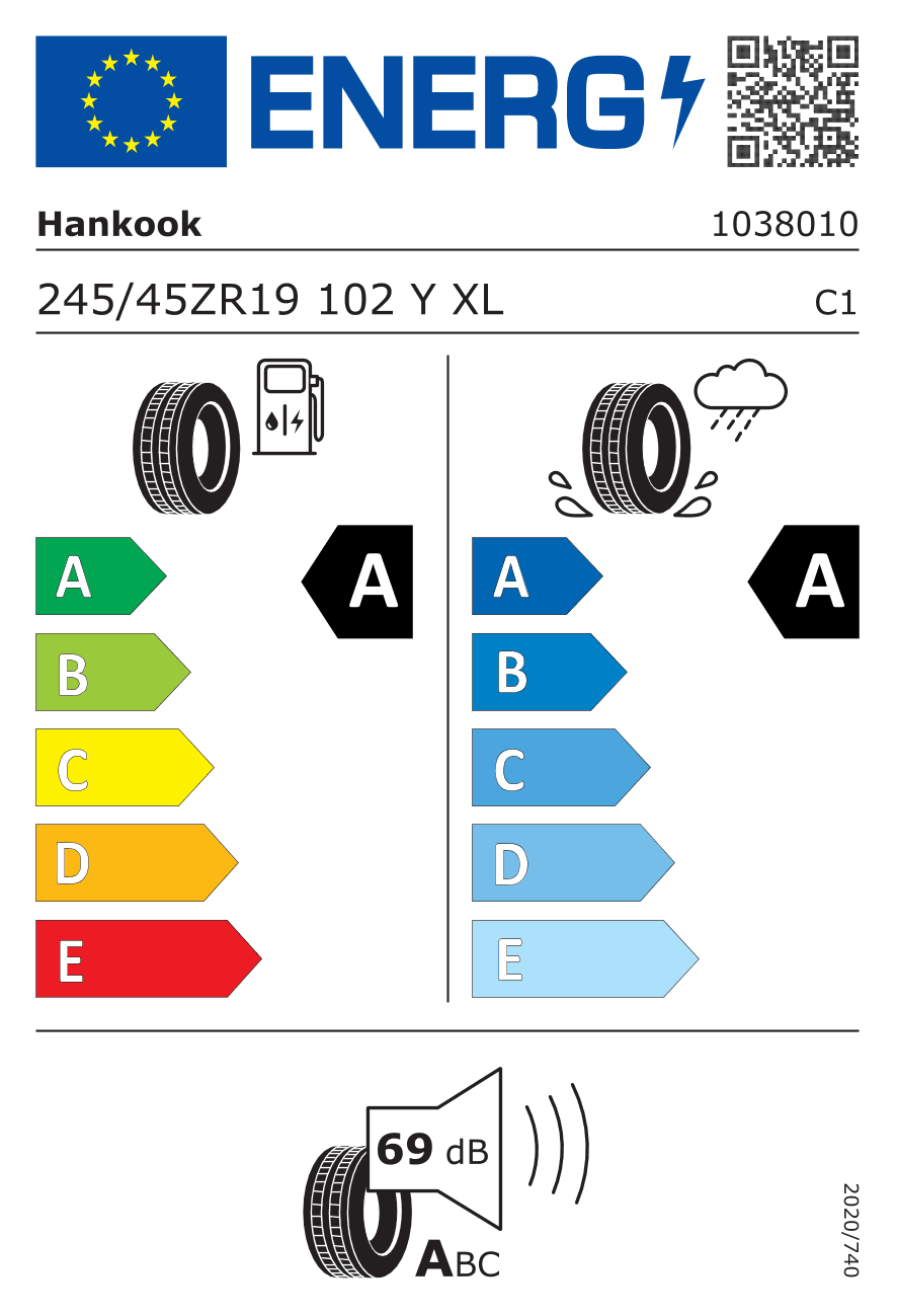 EU-Reifenlabel für 245/45R19 102 Y Hankook iON evo (IK01) XL Soundabsorber