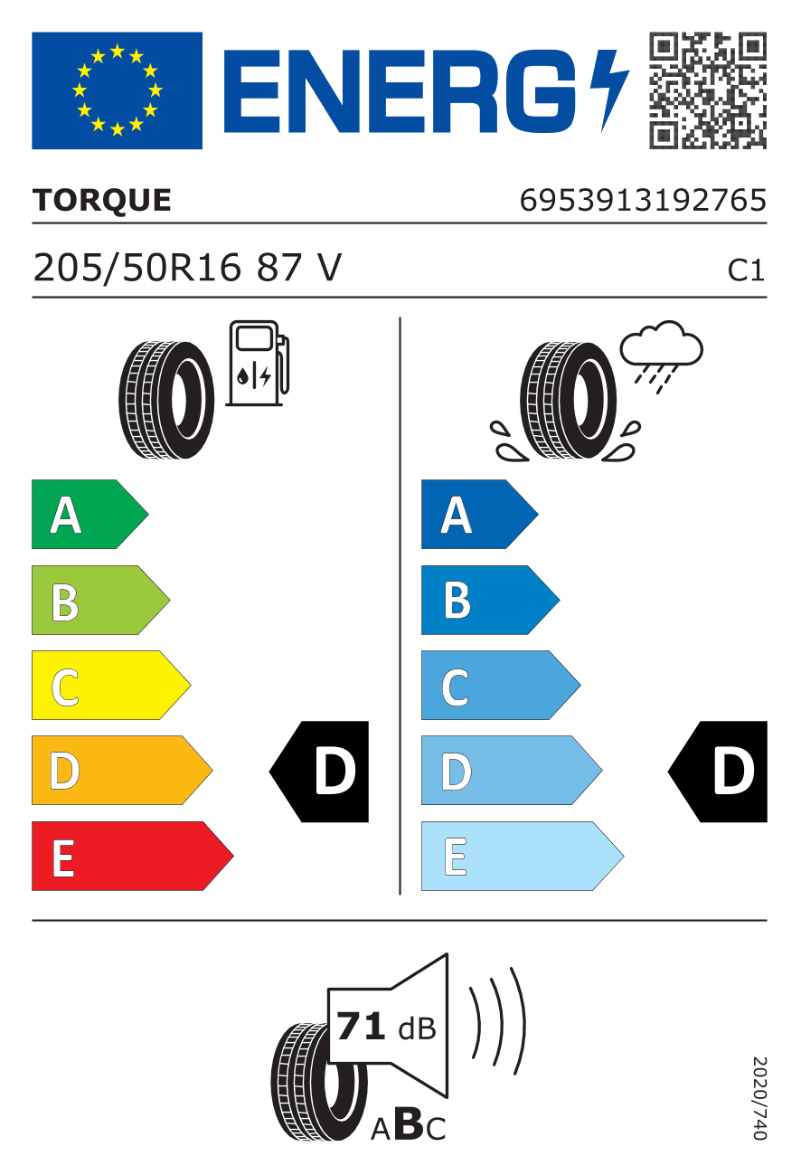 EU-Reifenlabel für 205/50R16 87 V Torque TQ 021