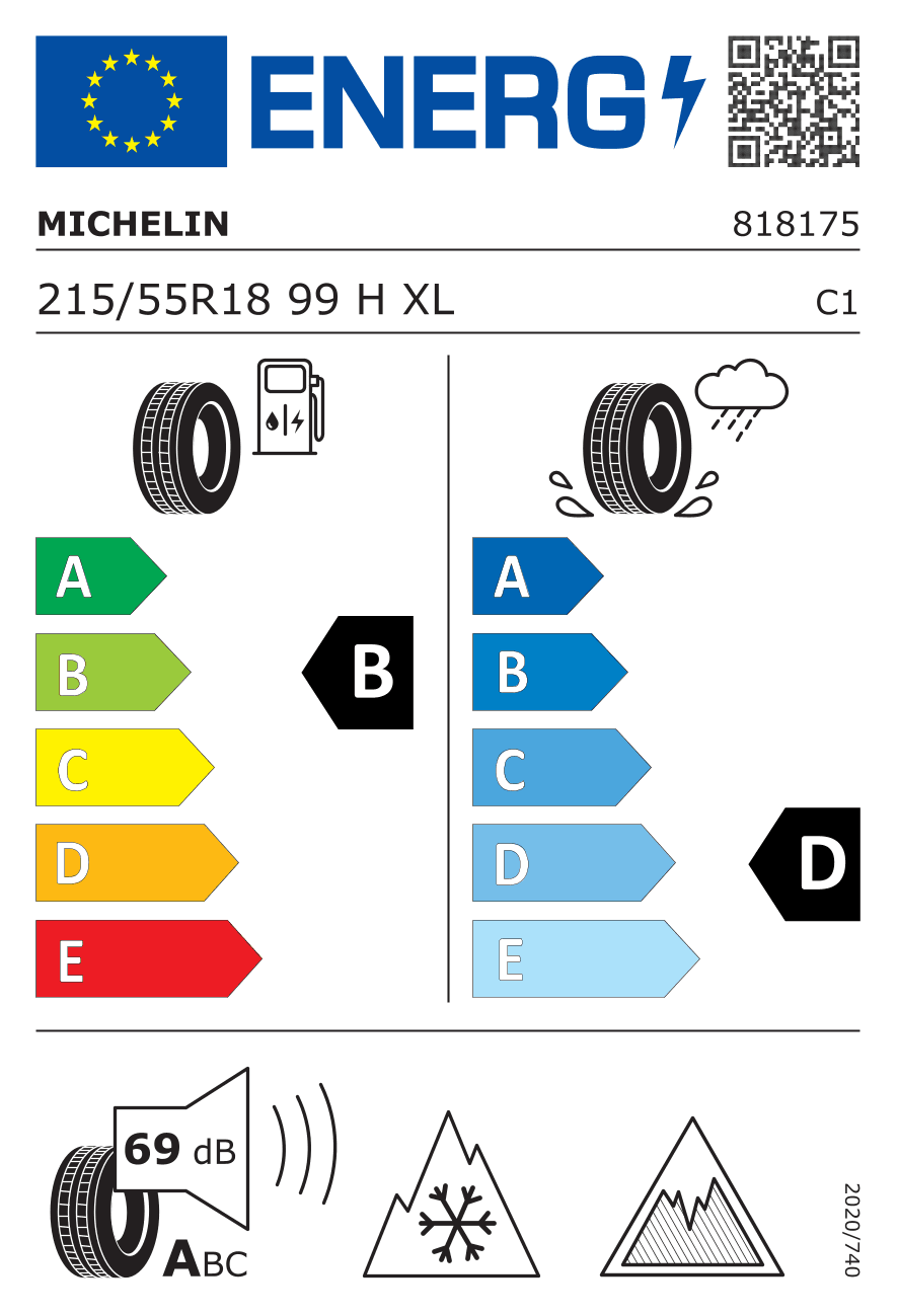 EU-Reifenlabel für 215/55R18 99 H Michelin X-Ice Snow+ RG XL 3PMSF