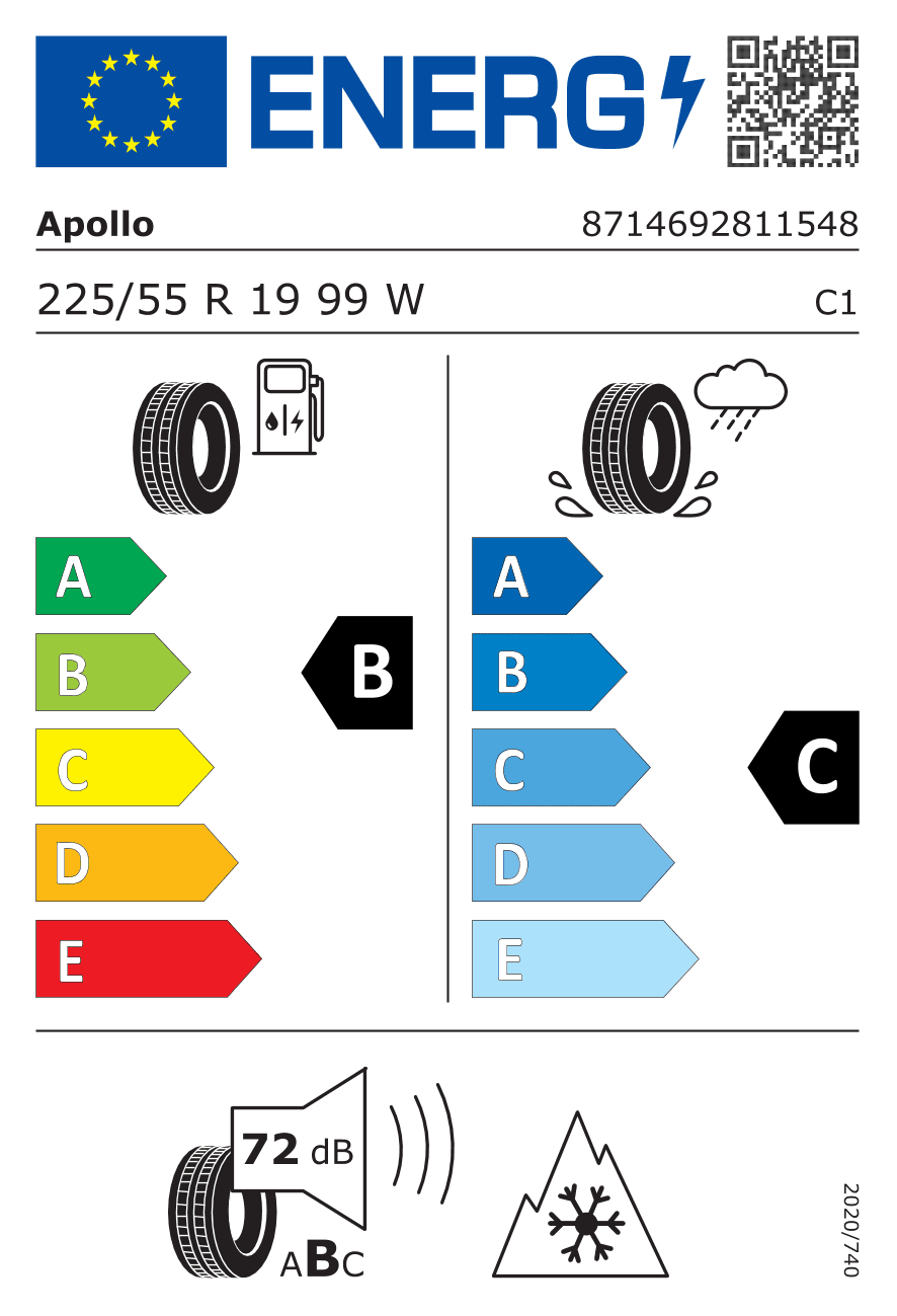 EU-Reifenlabel für 225/55R19 99 W Apollo Alnac 4G Allseason M+S 3PMSF