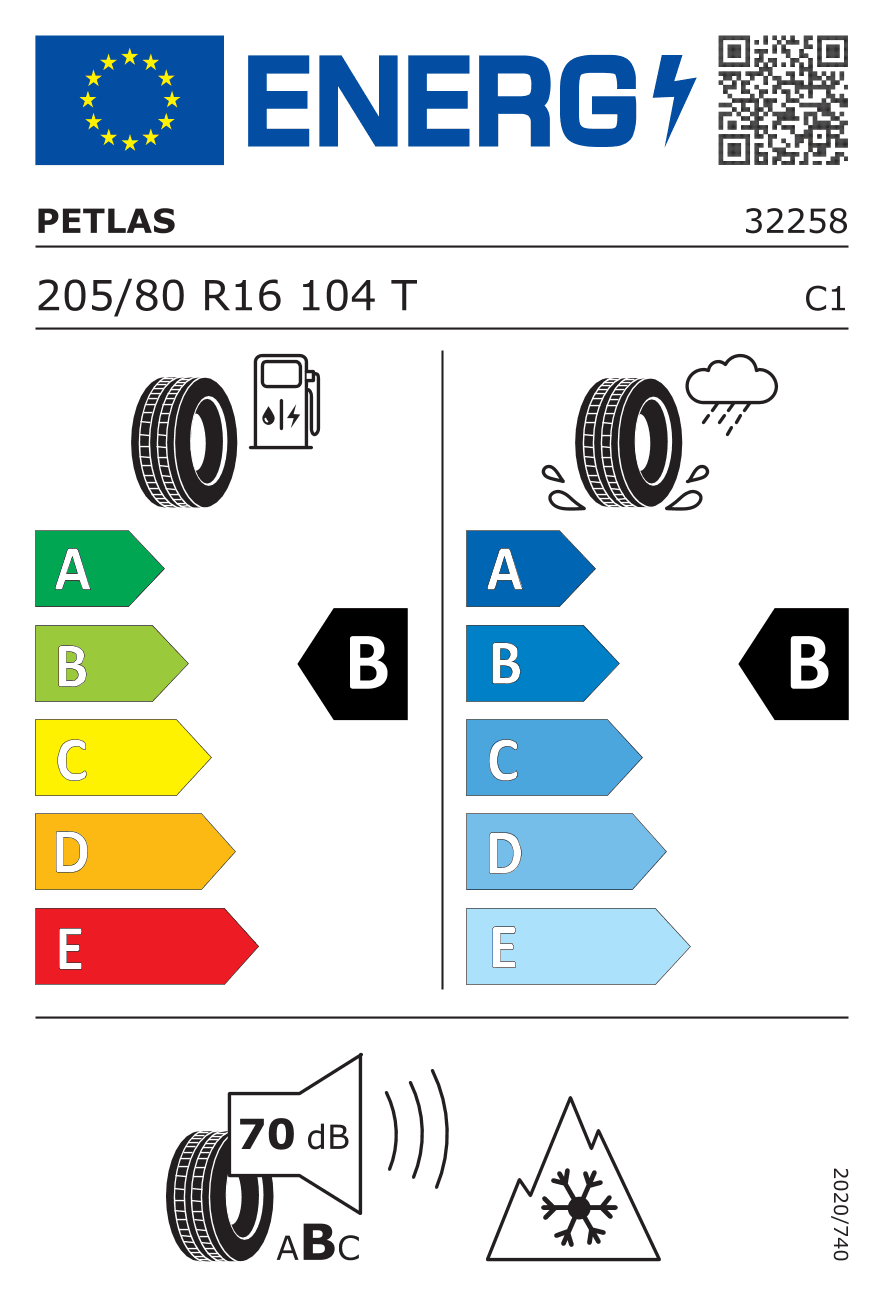 EU-Reifenlabel für 205/80R16 104 T Petlas Explero Winter W671 XL 3PMSF