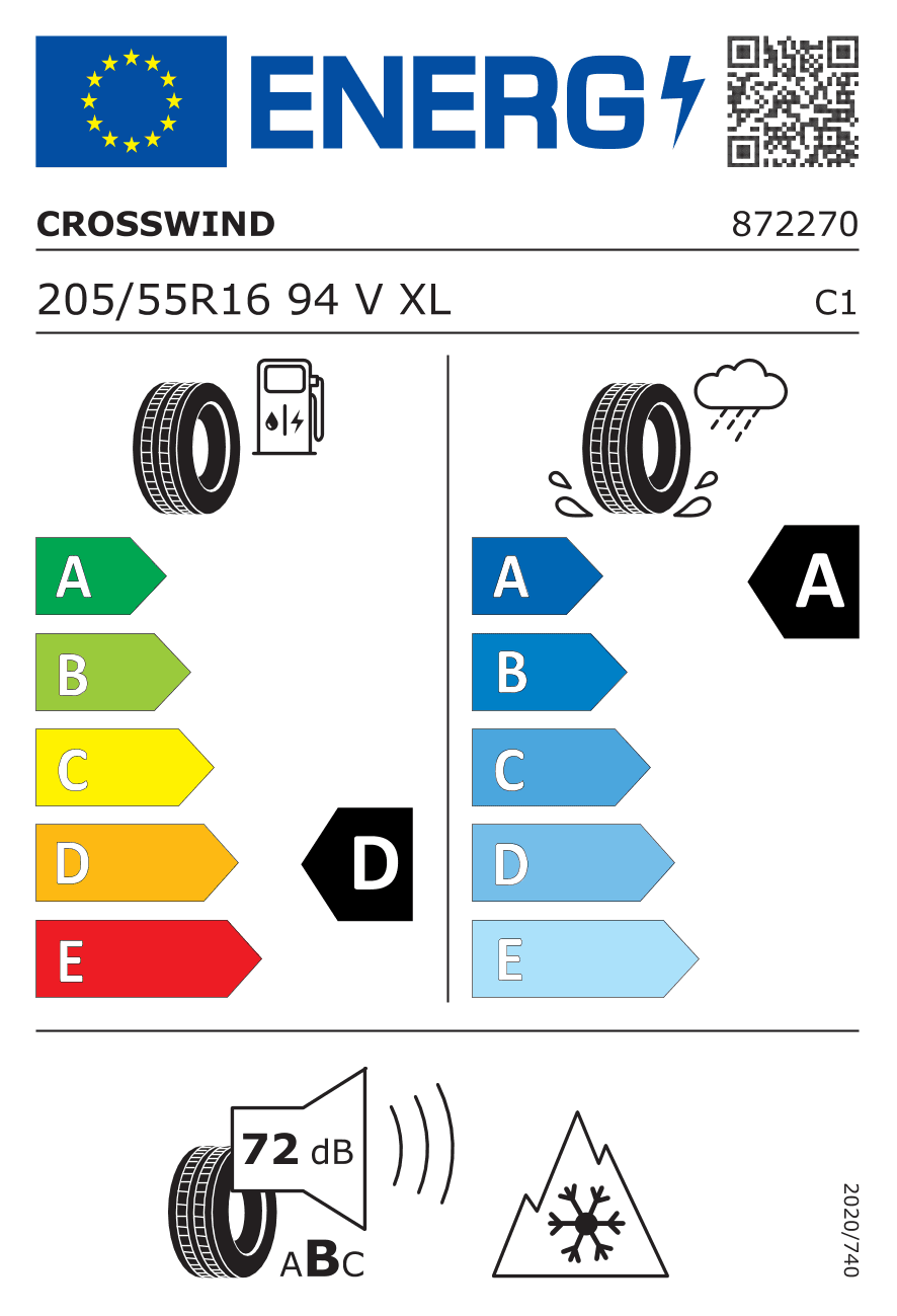EU-Reifenlabel für 205/55R16 94 V Crosswind Grip Peak Winter XL 3PMSF