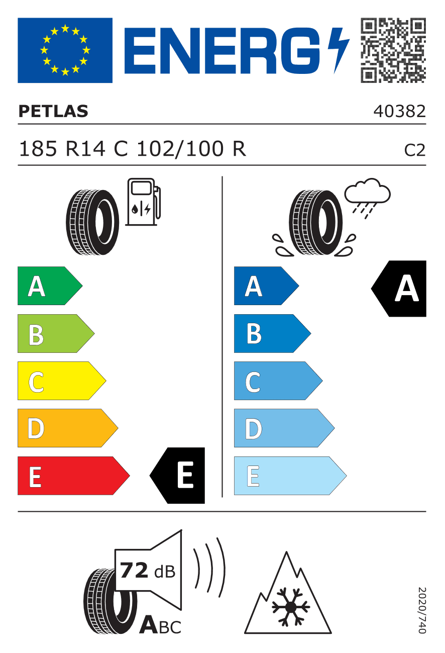 EU-Reifenlabel für 185/80R14 102/100 R Petlas Fullgrip PT935 3PMSF